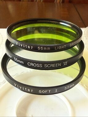 Lot of 3 Vivitar Camera Filter lens 55mm light Green soft Cross Screen w cases